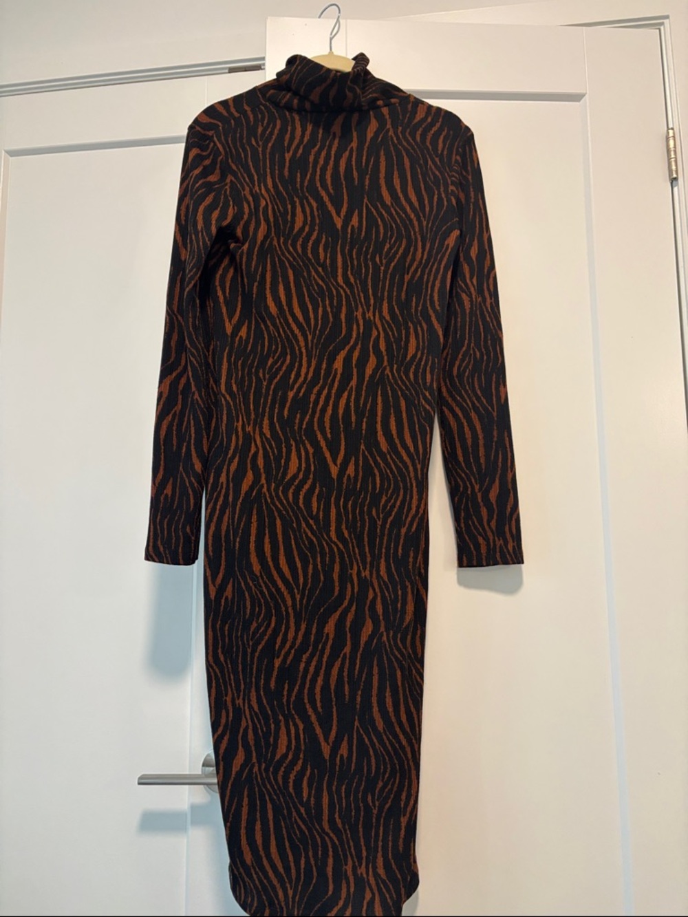 Zara Long Sleeve Turtleneck Bodycon Dress in Black and Brown Zebra Print